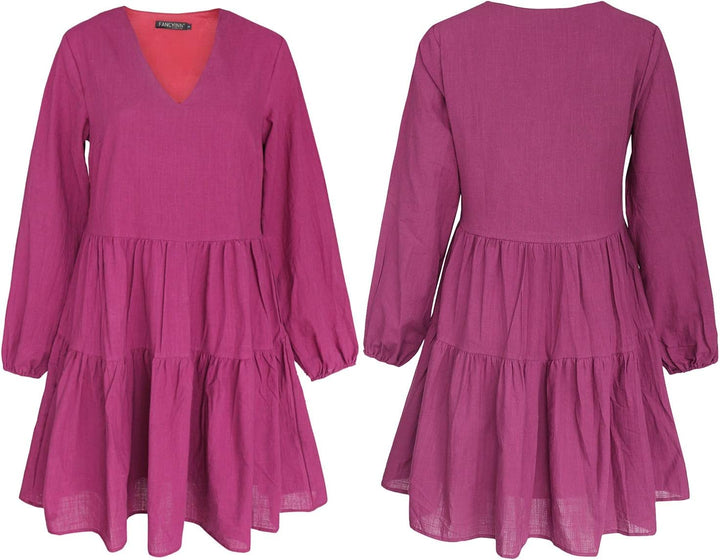 FANCYINN Damen Cute Shift Kleid mit Taschen Glockenärmel Rüschen Saum V Ausschnitt Lose Swing Tunika