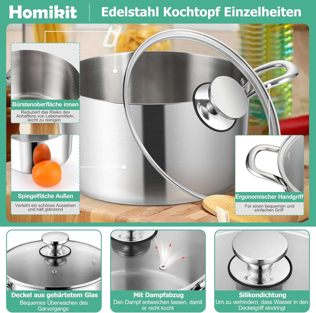 Homikit Kochtopf 24cm, 5,3L Gross Suppentopf Induktion aus 3-Lagen Edelstahl für alle Herdearten, Ed
