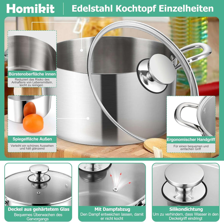 Homikit Kochtopf 24cm, 5,3L Gross Suppentopf Induktion aus 3-Lagen Edelstahl für alle Herdearten, Ed