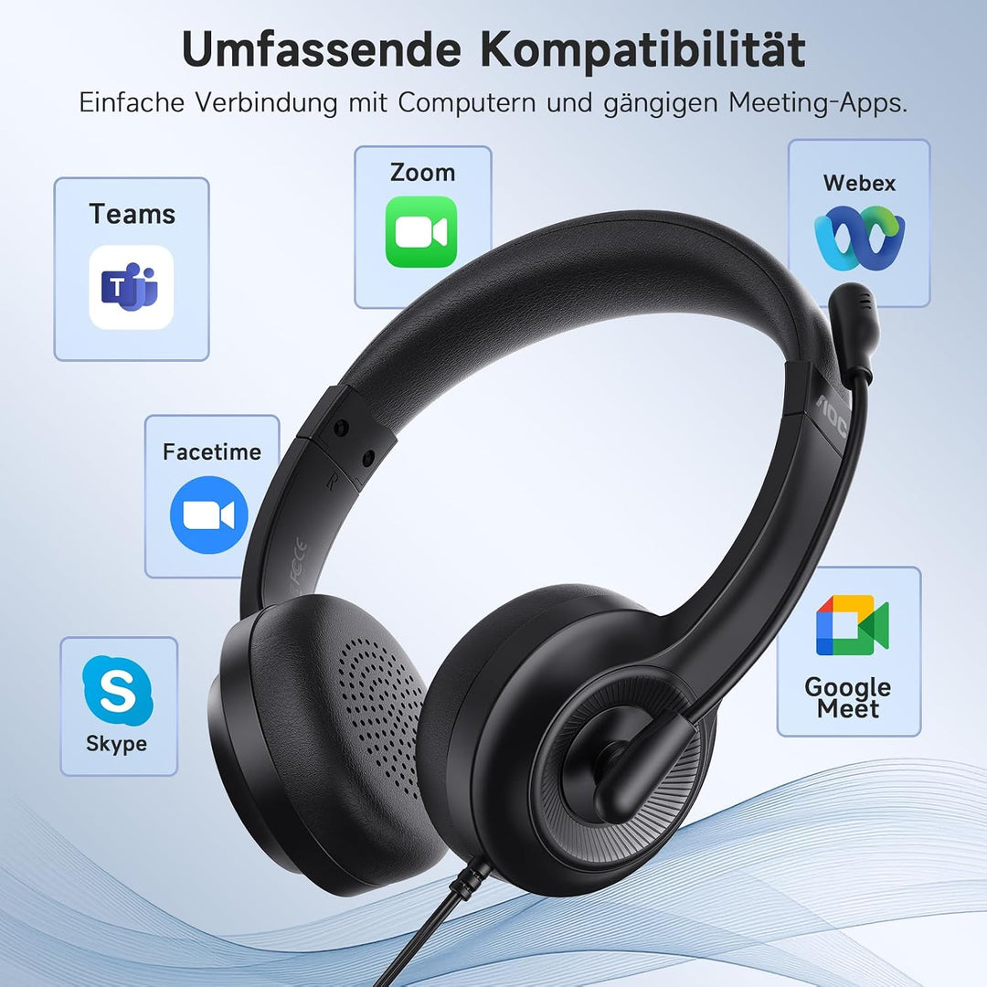 AOC Headset mit Mikrofon, Kabelgebundene On-Ear PC-Headsets mit Geräuschunterdrückung, 40mm Treiber,