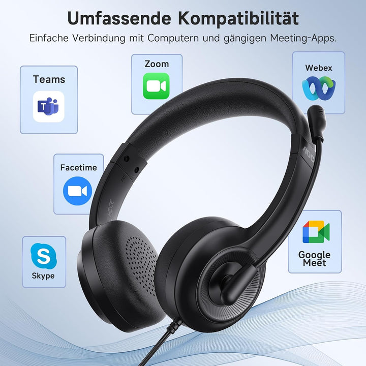AOC Headset mit Mikrofon, Kabelgebundene On-Ear PC-Headsets mit Geräuschunterdrückung, 40mm Treiber,
