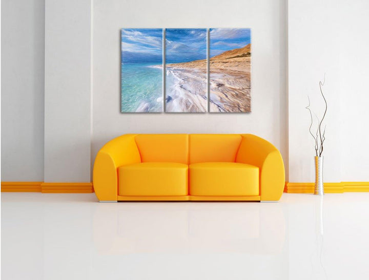 Pixxprint Das Tote Meer bei Tag Bunstift Effekt 3-Teiler Leinwandbild 120x80 Bild auf Leinwand