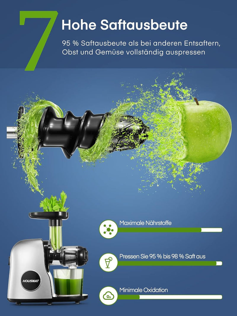 HOUSNAT Slow Juicer, Entsafter Gemüse und Obst, Profi Entsafter mit Ruhigem Motor │ Umkehrfunktion │