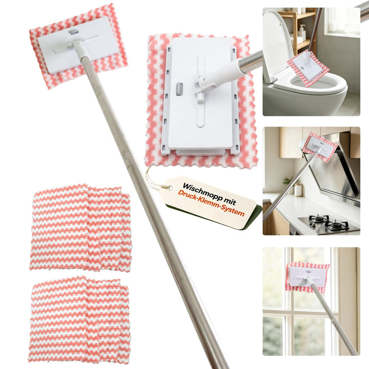 Wischmopp Mini Mopp mit Druck Klemm System, Mini Mop mit Automatischem Tuchwechsel, Bodenwischer Set