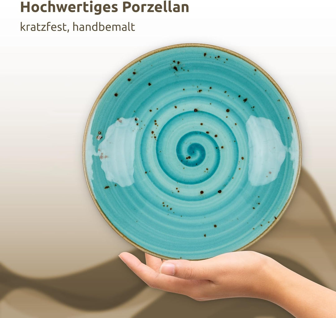 Kuchen-Teller 6er Set aus PORZELLAN I moderne Dessertteller flach handgemacht I Tellerset Türkis sch