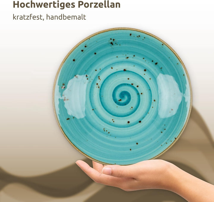Kuchen-Teller 6er Set aus PORZELLAN I moderne Dessertteller flach handgemacht I Tellerset Türkis sch