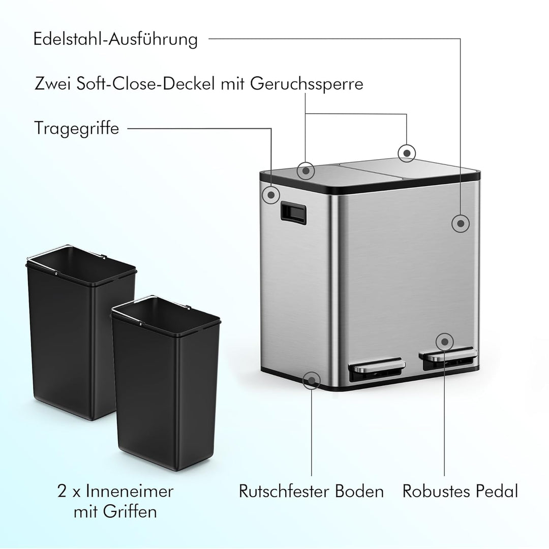 VonHaus Mülleimer Küche 2 Fächer, 30L Recycling Mülltrennsystem – Abfalleimer Biomüll, Rutschfester