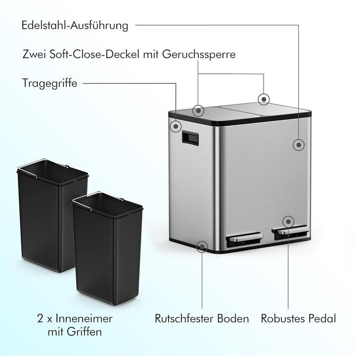 VonHaus Mülleimer Küche 2 Fächer, 30L Recycling Mülltrennsystem – Abfalleimer Biomüll, Rutschfester
