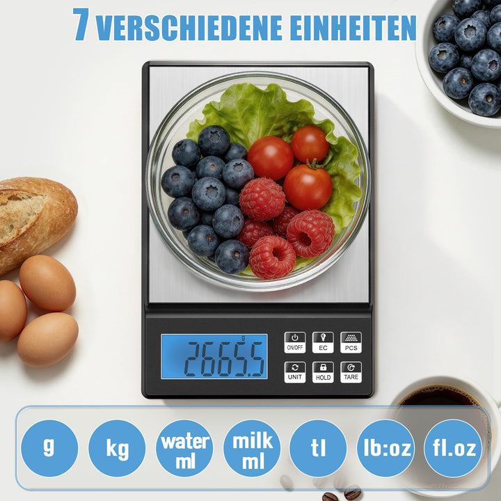 Hochpräzise Digitale Küchenwaage 2kg/1g, Bäckereiwaage mit Prozentfunktion, Edelstahl Wiegeplatte, 2