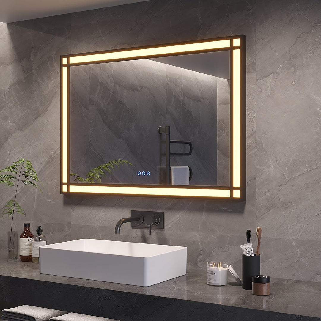 AQUABATOS Badspiegel mit Beleuchtung Schwarzer Rahmen Fensteroptik 100x70cm, Badezimmerspiegel Beleu