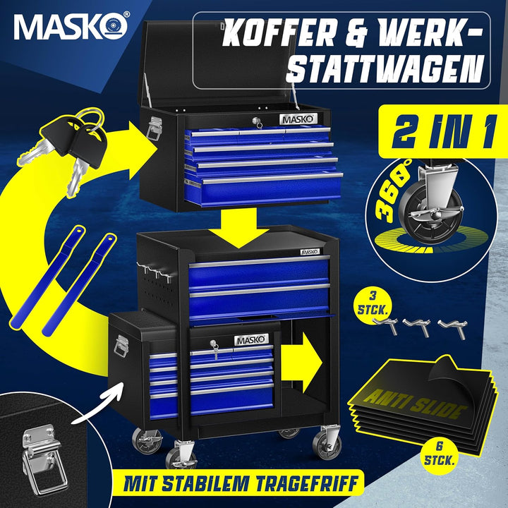 MASKO® Werkstattwagen inkl. Koffer - 9 Fächer Abschliessbar | Massives Metall | Mobiler Werkzeug-Wag