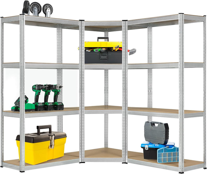 Juskys 3er Metall Regalsystem Easy | 1 Eckregal & 2 Lagerregale | 12 Böden aus MDF Holz | 960 kg | S