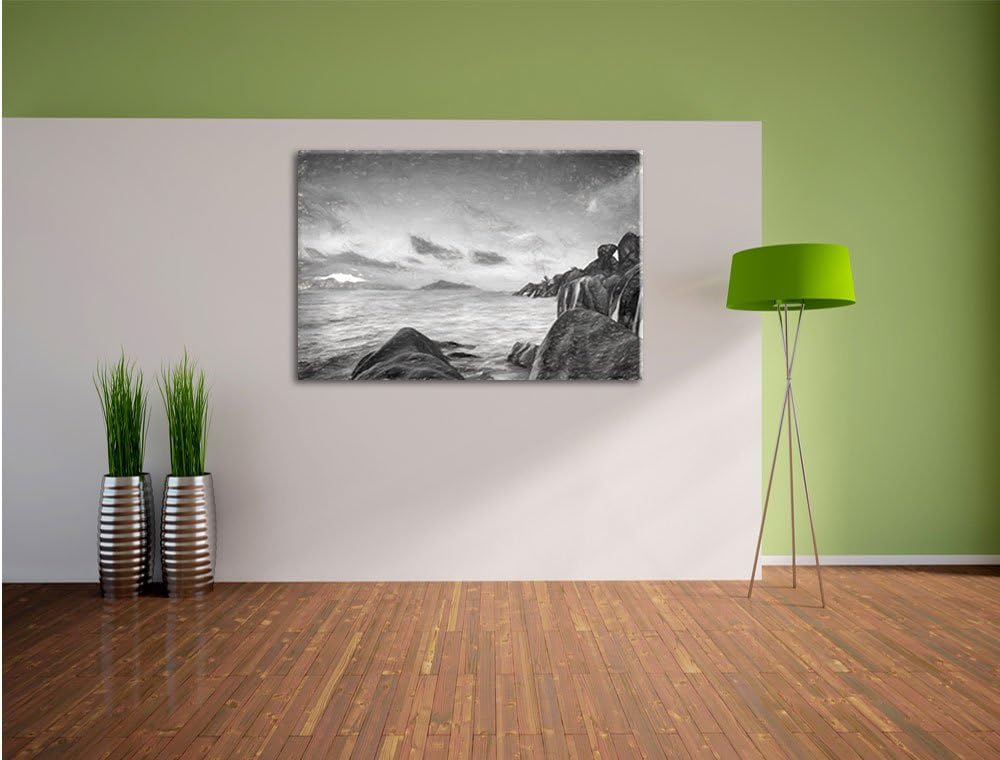 Pixxprint Sonnenuntergang Seychellen Kunst Kohle Effekt, Format: 100x70 auf Leinwand, XXL riesige Bi