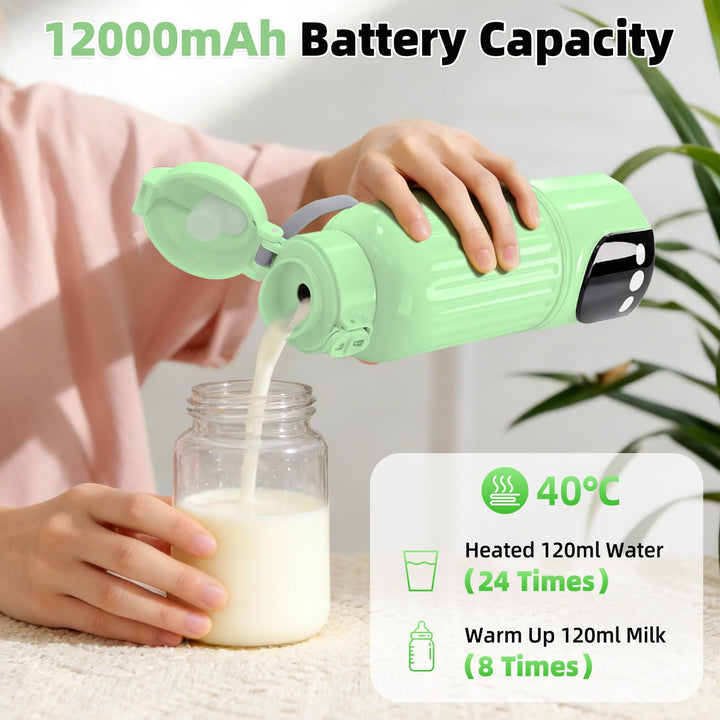 Tragbarer Babyflaschenwärmer Grün für Unterwegs, 500ml Muttermilchwärmer, 12000mAh Akku, 120W Schnel