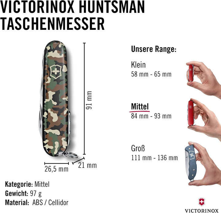 Victorinox Schweizer Taschenmesser Huntsman, Swiss Army Knife, Multitool, 15 Funktionen, Klinge, Kor