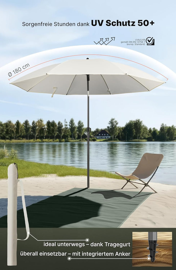 4smile Sonnenschirm Strand SunnyJoy, Beige - UPF 50+ Strandschirm Ø 180 cm, sicherer Sonnenschutz St