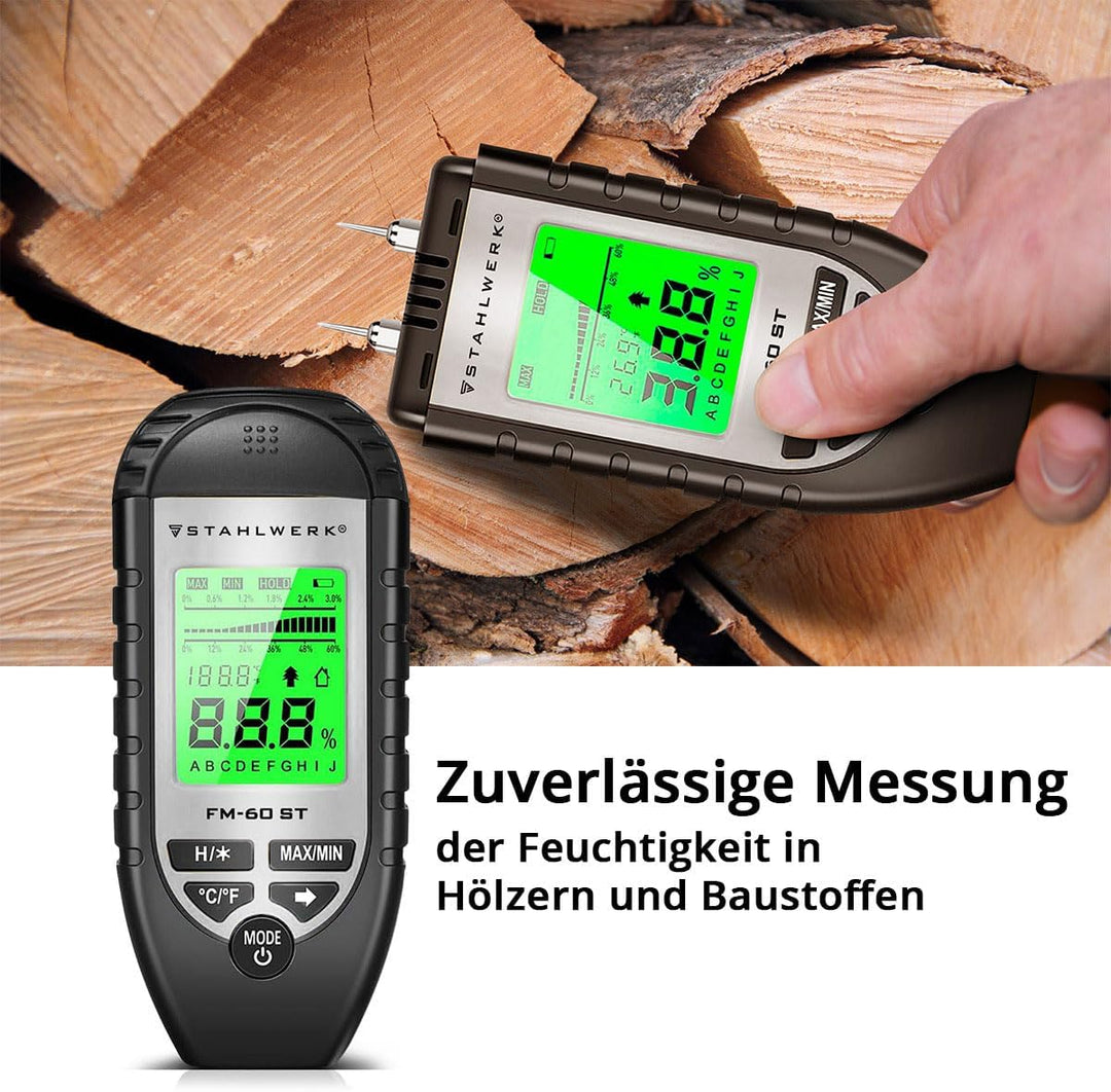 STAHLWERK Feuchtigkeitsmesser FM-60 ST für Holz und Baustoffe | Feuchtigkeitsmessgerät mit hochpräzi