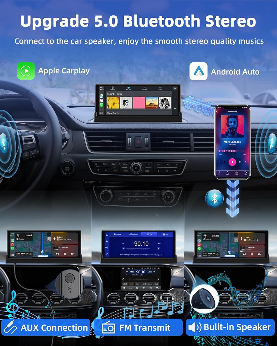 Jansite Carplay Android Auto Display mit Exklusive Halterung, 10,26 Zoll Touchscreen Car Play Bildsc
