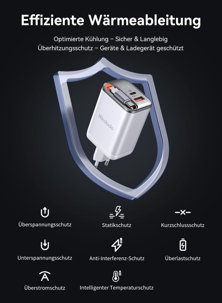 Mcdodo 67W USB C Ladegerät mit Einziehbarem Kabel Netzteil USB C GaN Schnellladegerät 3-Port 67W GaN