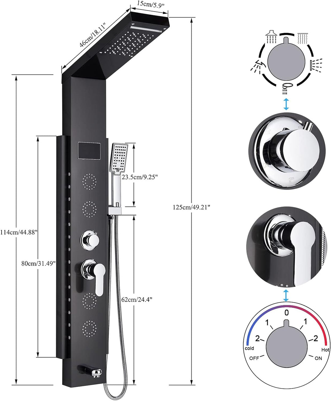 Duschpaneel Schwarz LED Multifunktion Mit Edelstahl Eckmontage Regendusche DuschsäUle Badewannenarma