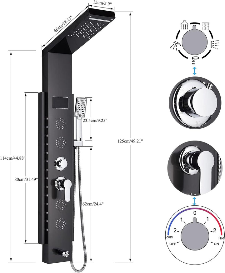 Duschpaneel Schwarz LED Multifunktion Mit Edelstahl Eckmontage Regendusche DuschsäUle Badewannenarma