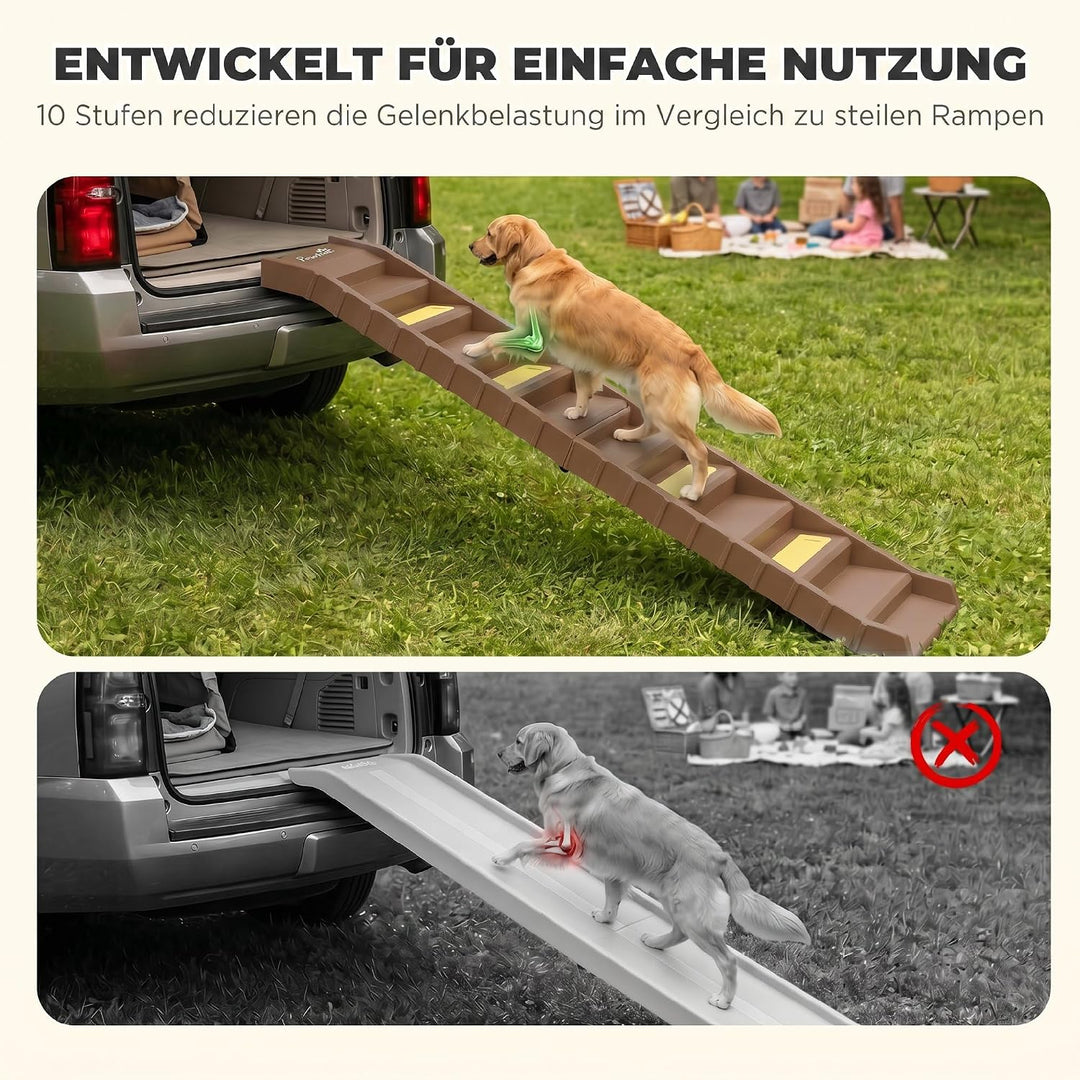 PawHut Hunderampe Klappbar rutschfest für Auto &amp; SUV 154x40cm Braun | Hundetreppe mit 10 Stufen Ruts