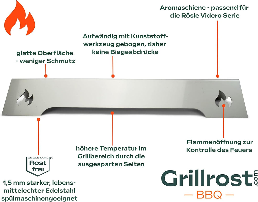 Grillrost.com Das Original Edelstahl Aromaschiene für Rösle - Brennerabdeckung für Videro G2 G3 G4 G