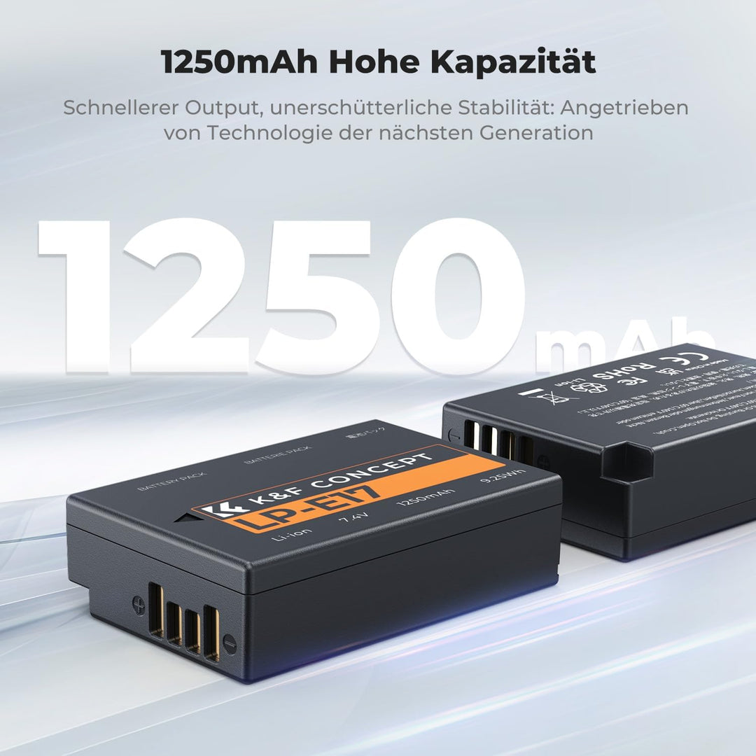 LP-E17 Kameraakkus Ladegerät 1250mAh ，K&F Concept Batterie Ladeset für Canon EOS RP,Rebel T8i,T7i,T6