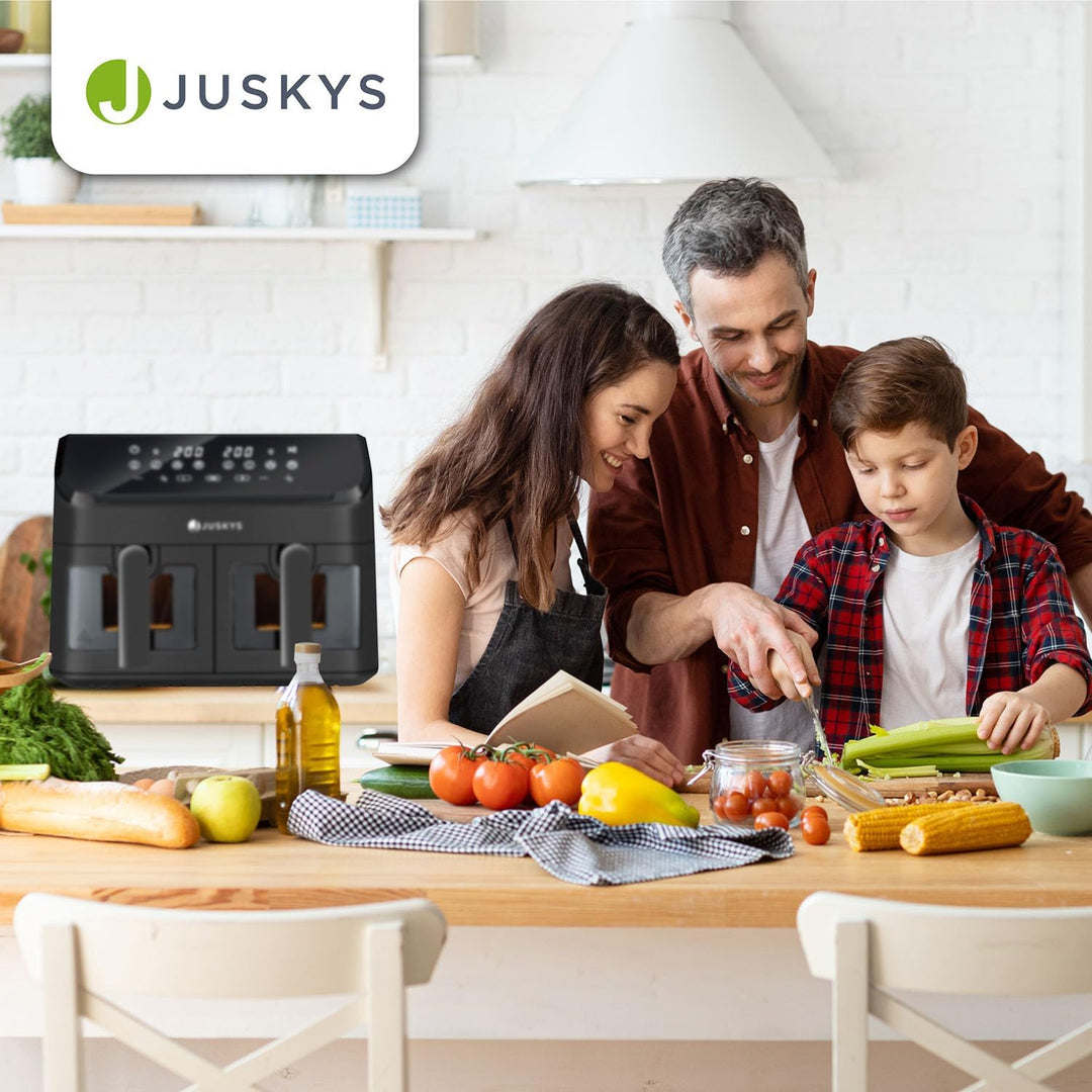 Juskys Heissluftfritteuse 9 L Doppelkammer - XXL Fritteuse mit 2 Körben, 9 Programme, Smart Finish,