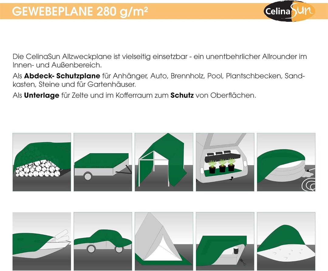 CelinaSun Gewebeplane 3x5 m grün mit Flechtleine schwarz 280 g/qm Gartenplane Abdeckung Anhängerplan