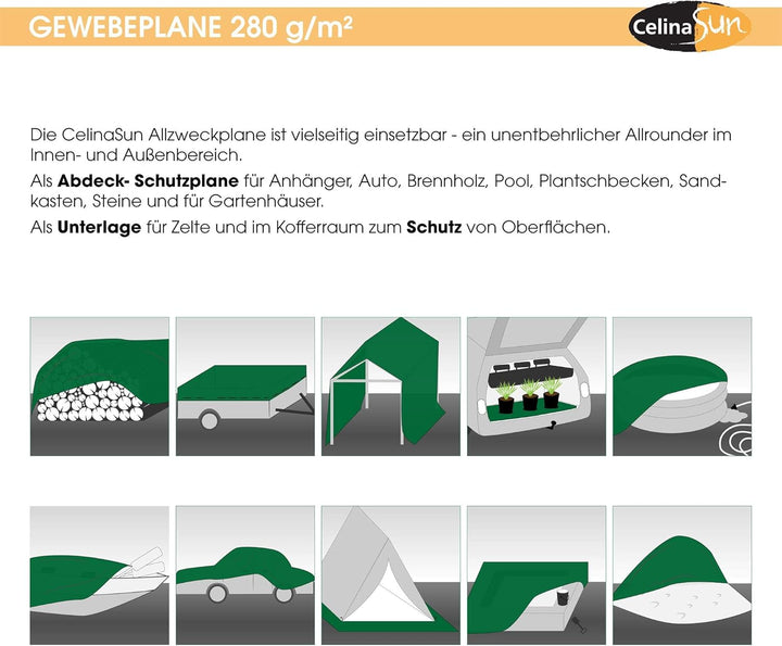 CelinaSun Gewebeplane 3x5 m grün mit Flechtleine schwarz 280 g/qm Gartenplane Abdeckung Anhängerplan