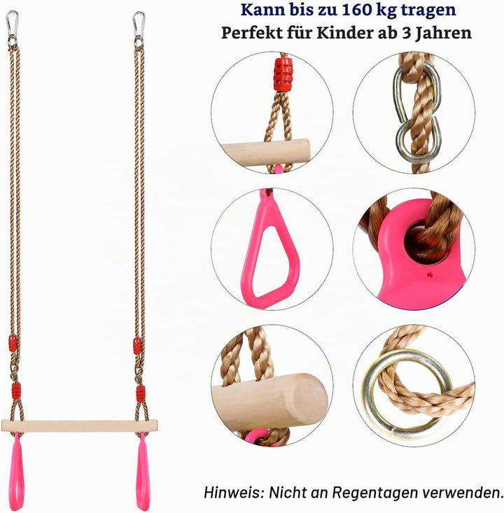 PELLOR Multifunktions Kinderholz Trapeze Schaukel mit Kunststoff Turnringe zum Aufhängen belastbar b