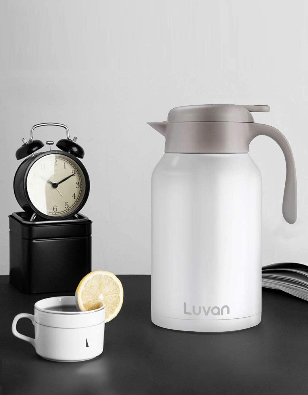 Luvan Thermoskanne 2,0 l, Thermokaraffe aus Edelstahl, Warmhaltefunktion, kalt, 24 Stunden (weiss),