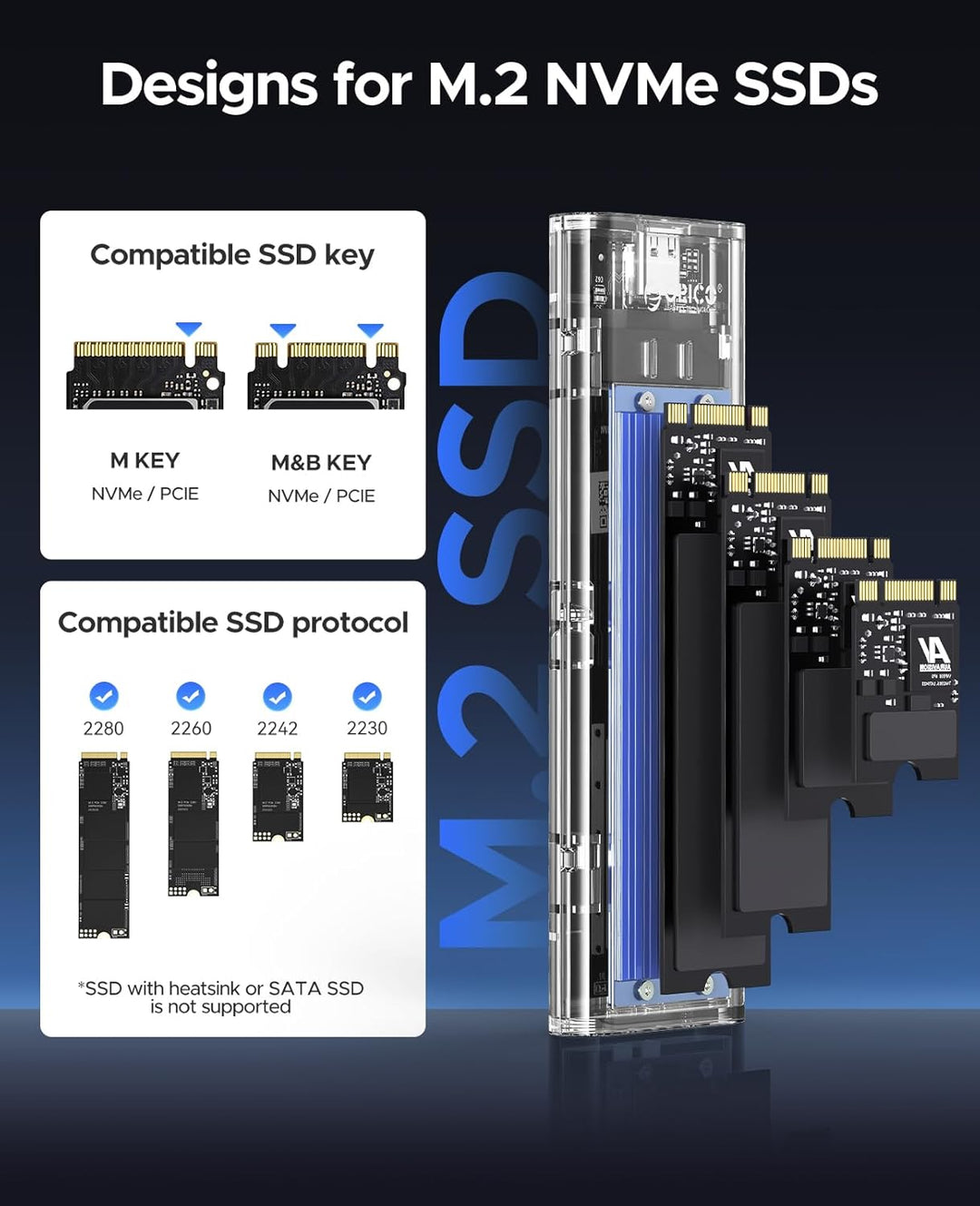 ORICO NVMe Gehäuse, USB 3.2 Gen2 (10Gbps) M.2 SSD Adapter, Transparent Externe M2 Gehäuse für PCIe M