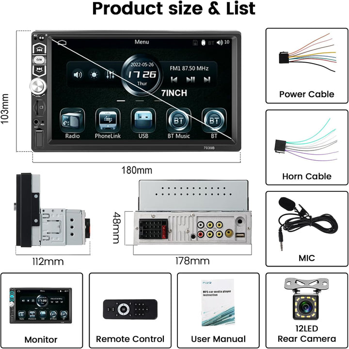 Hikity Autoradio 1 Din Wired Carplay Android Auto mit Bluetooth Freisprecheinrichtung Bildschirm, 7