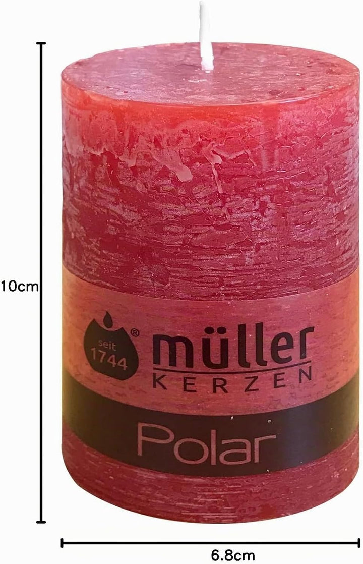 Müller Kerzen POLAR Stumpenkerzen mit Raureif-Effekt - Set mit 4 Rustikale Kerzen - Rot - 68 x 100 m