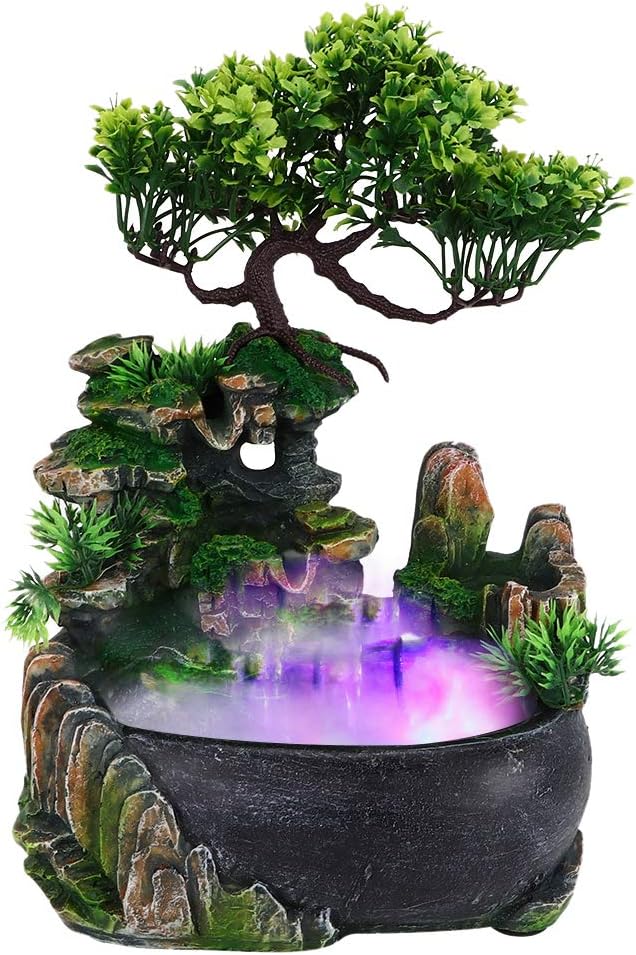 Ejoyous Zimmerbrunnen mit LED-Beleuchtung, Motiv-Brunnen Beleuchtet Indoor-Brunnen aus Polyresin mit