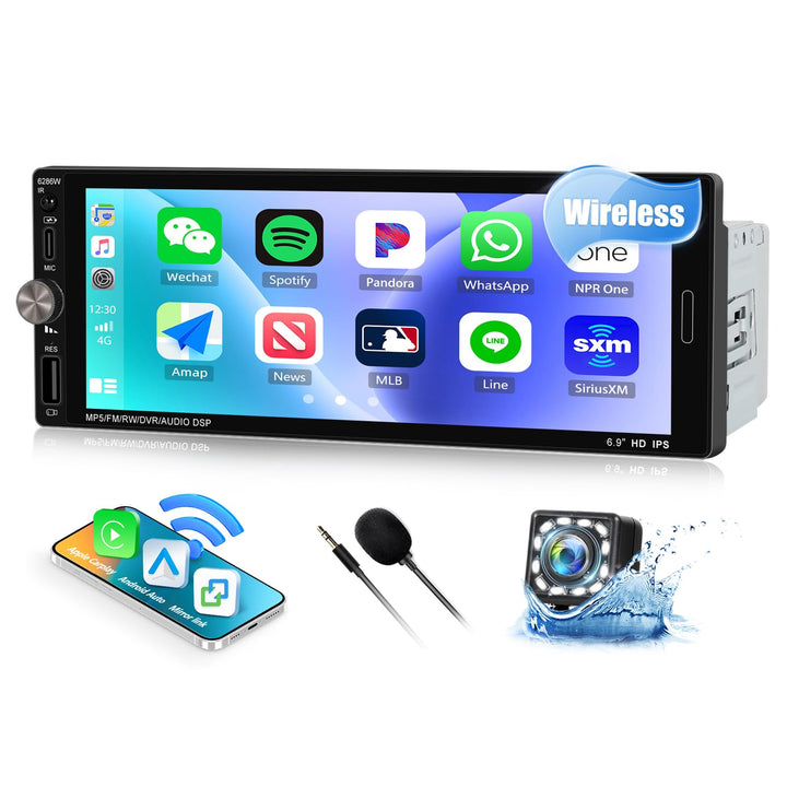 CAMECHO 1 Din Autoradio 6.9 Zoll Wireless Carplay HD IPS Touchscreen Radio Bluetooth mit Android Aut