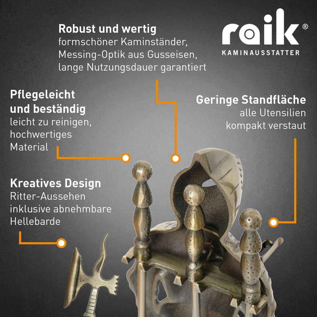 raik Kaminbesteck Set Ritter Kunibert 4-teilig inkl. Rindsleder Ofenhandschuh schwarz Kamingarnitur