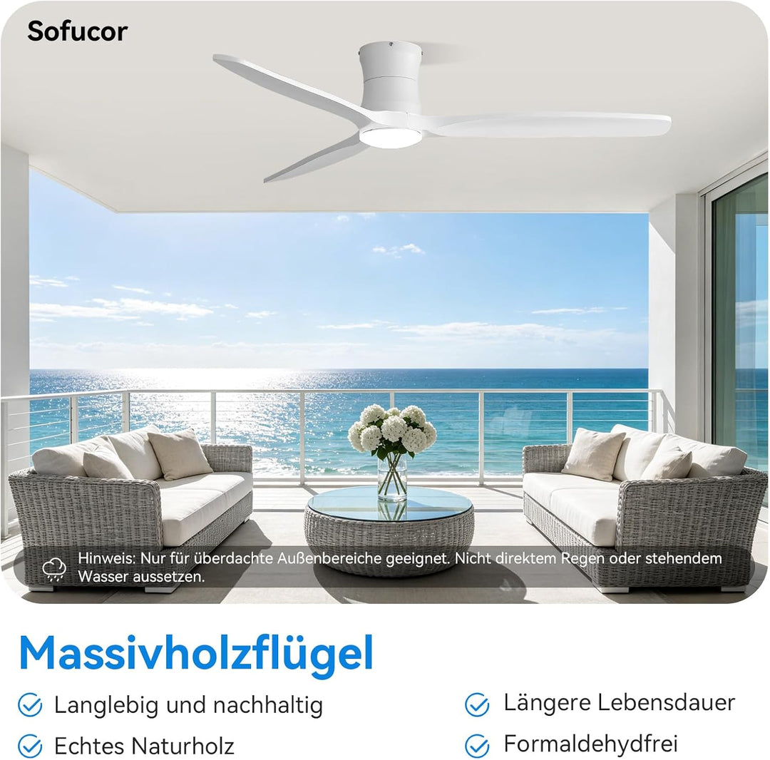 Sofucor 132cm Deckenventilator mit Beleuchtung,Massivholz Deckenventilator mit Licht und Fernbedienu
