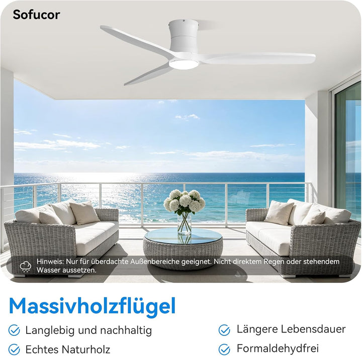 Sofucor 132cm Deckenventilator mit Beleuchtung,Massivholz Deckenventilator mit Licht und Fernbedienu