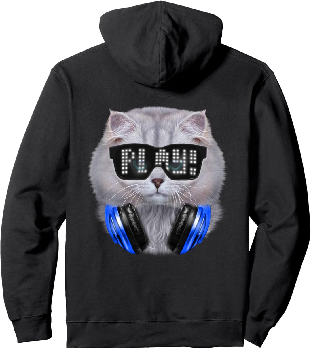 Weisse Katze, die Hipster-Sonnenbrille und Kopfhörer trägt Pullover Hoodie