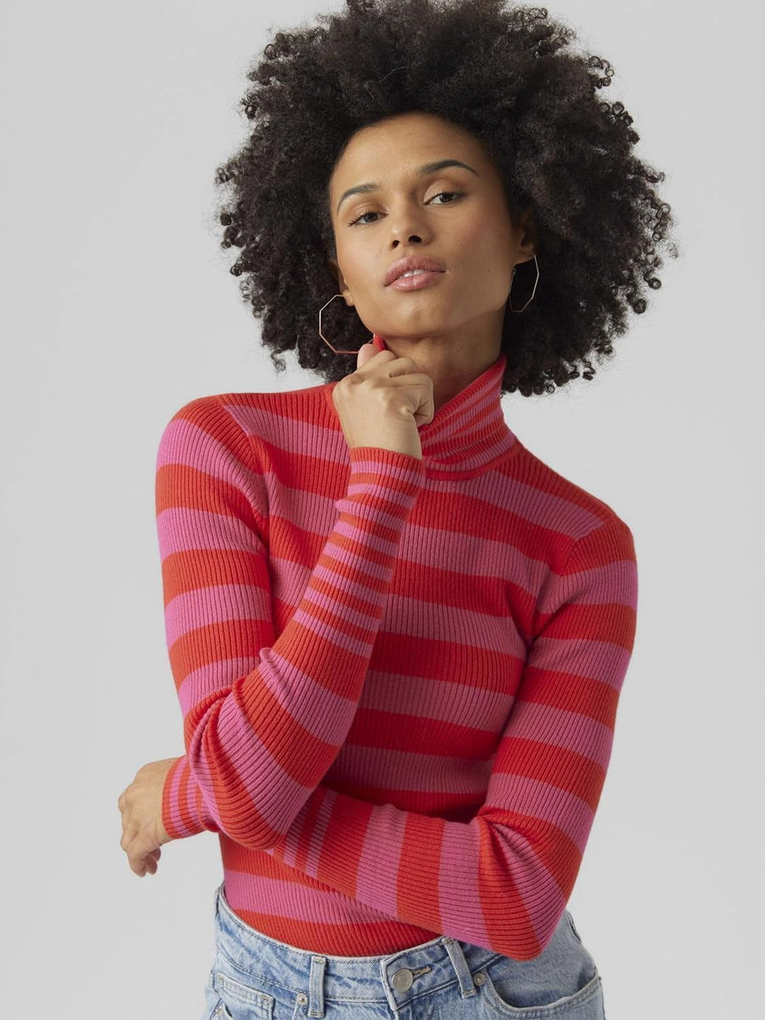 VERO MODA Damen Vmmaxine Ls Rollneck Boo Pullover L Tomato/Stripes:w. Fuchsia Purple, L Tomato/Strip