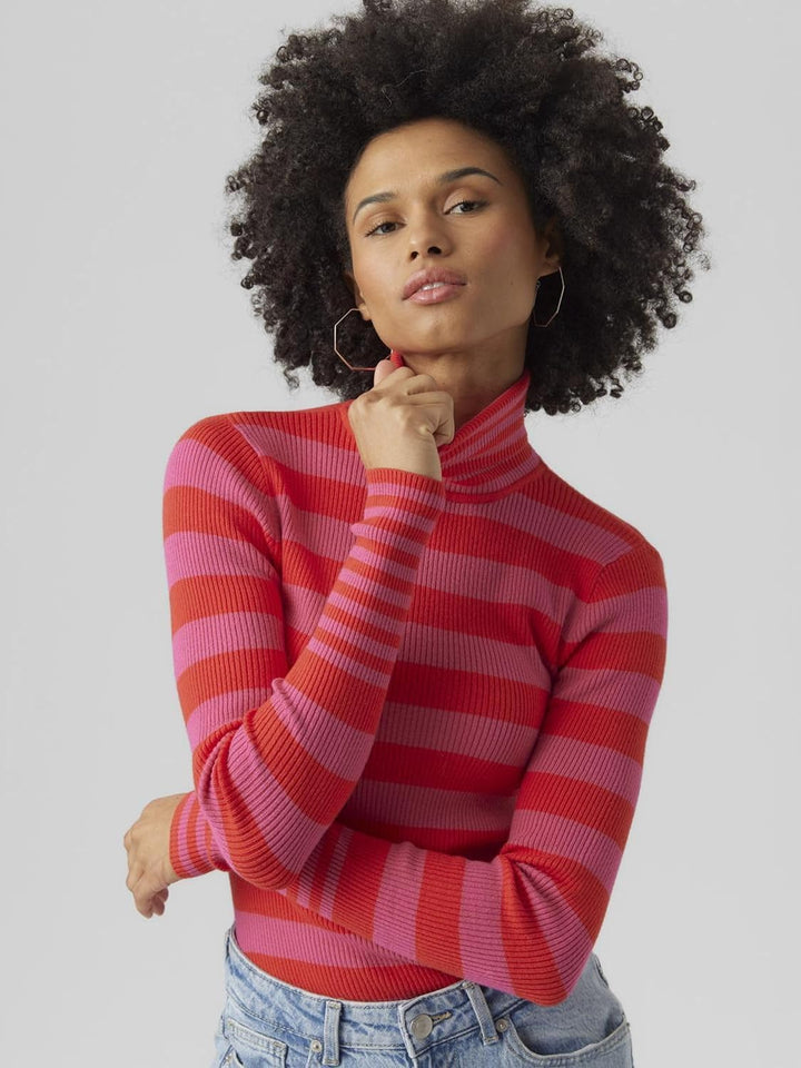 VERO MODA Damen Vmmaxine Ls Rollneck Boo Pullover L Tomato/Stripes:w. Fuchsia Purple, L Tomato/Strip
