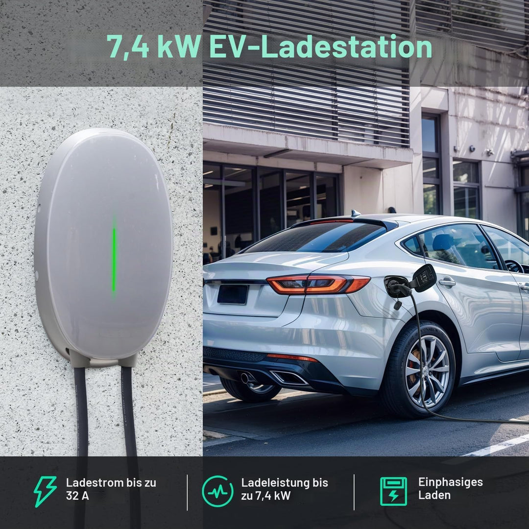 EV Ladegerät Wandhalterung mit 7kW Typ 2, 32A Einphasiges Heim Ladestation Wallbox, 6m Ladekabel und