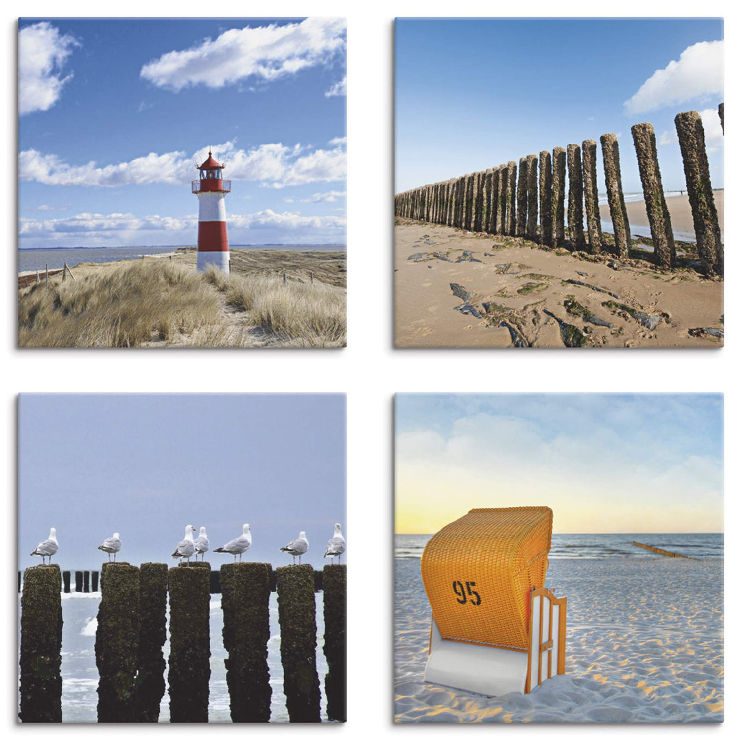 ARTLAND Leinwandbilder auf Holz Wandbild Bild Set 4 teilig je 40x40 cm Quadratisch Landschaft Strand