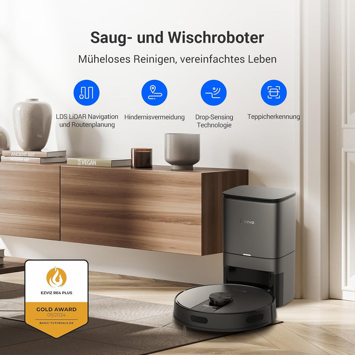 EZVIZ Roboterstaubsauger mit automatischer Staubentleerung, WLAN Haushaltsreiniger und Staubsauger m