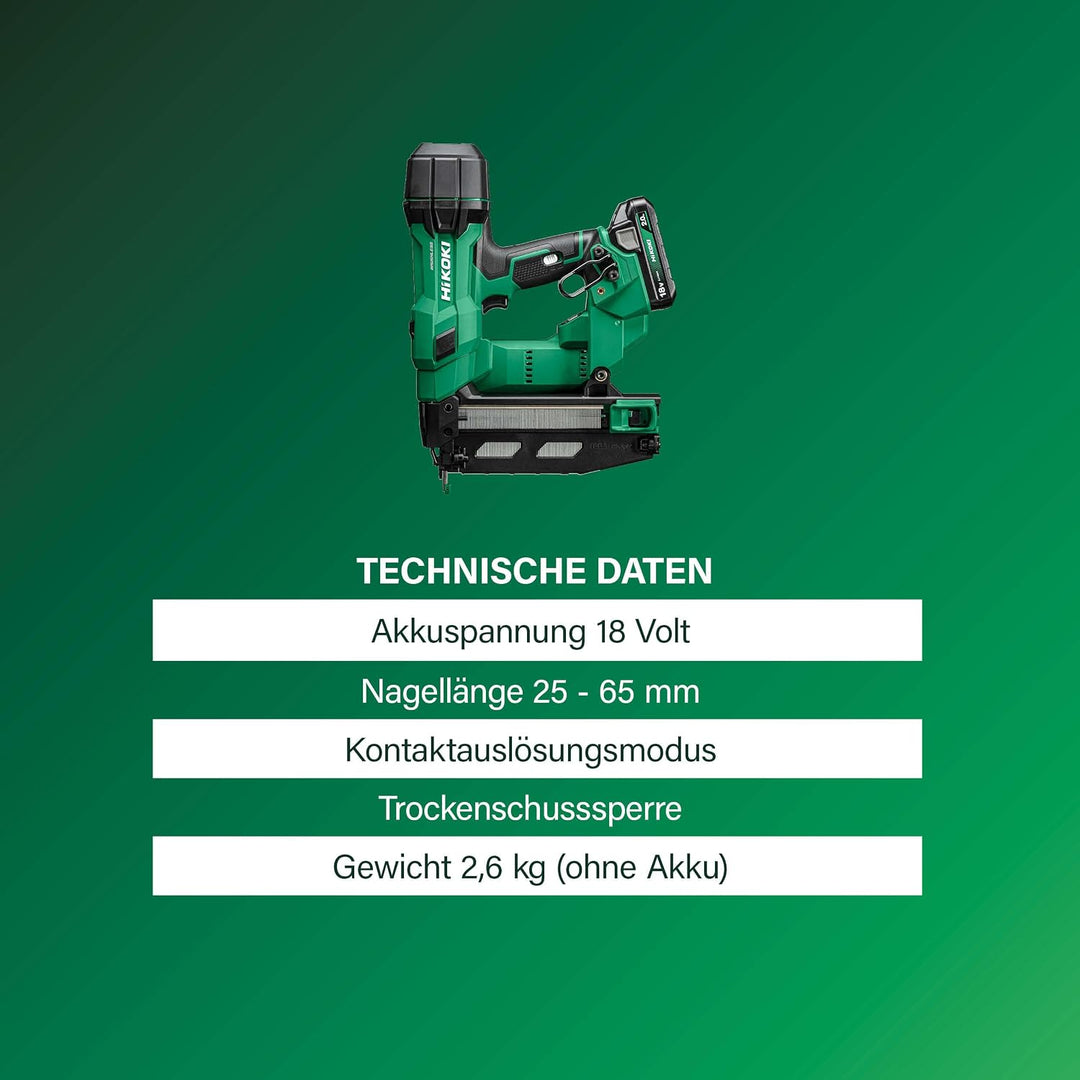 HiKOKI Akku-Stiftnagler 0° - 18 V, 25-64 mm Nägel, 16 Gauge - Kompakt, leicht, leistungsstark, LED-L