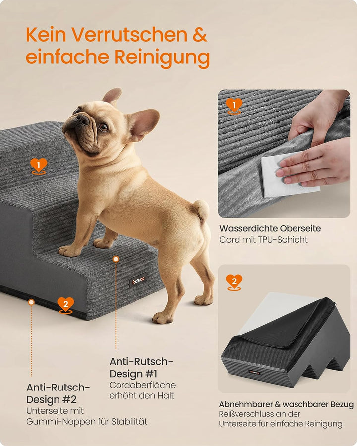 Feandrea Hundetreppe, 3 Stufen Katzentreppe aus Schaumstoff, Hunderampe für Kleine Hunde, 46 x 40 x