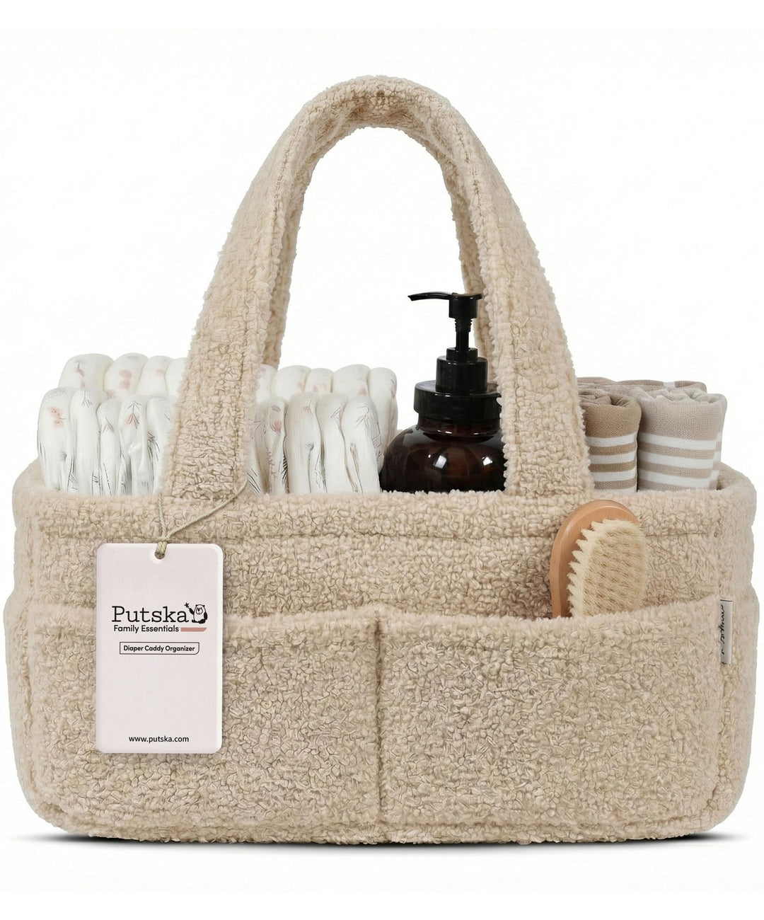 PUTSKA Fleece Nappy Caddy Organiser – Soft Teddy Fabric Baby Caddy with Handles, Portable Nursery St